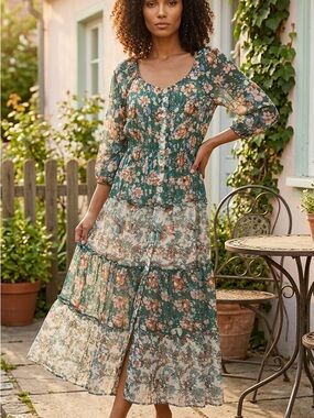 fig and flower Green Floral Tiered Maxi Dress Peach Blooms Boho Cottagecore SZ L